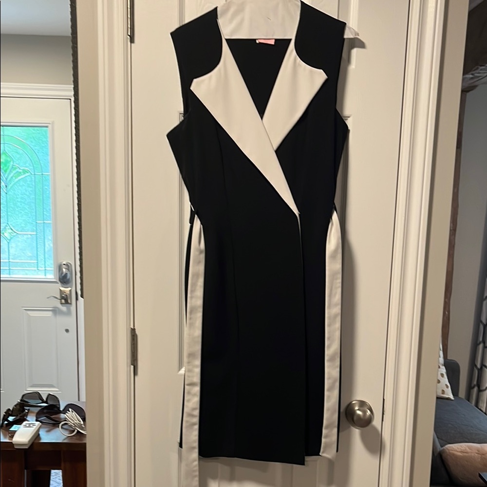 Calvin Klein Black and White Asymmetrical Sheath Dress